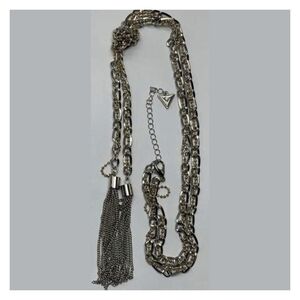 Guess Silver-tone Long Chain Necklace With Tassel And Logo Charm